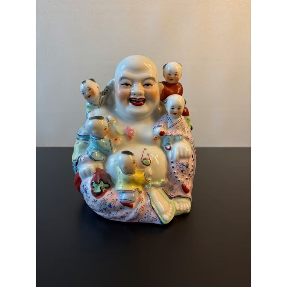 Chinese Happy Buddha Figurine Hotei with Five Children Porcelain Famille